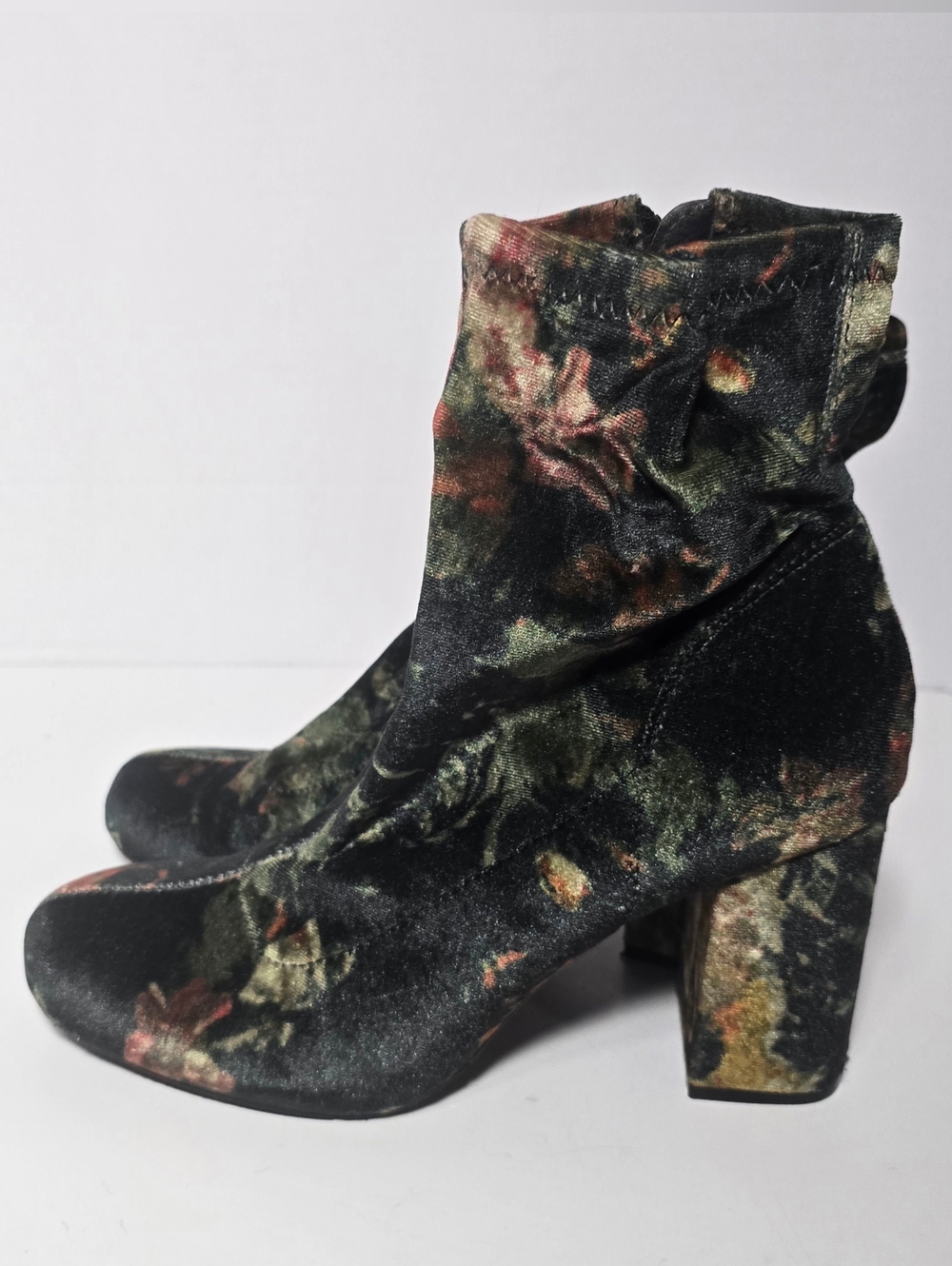 MIA Black Multi Floral Velvet Block Heel Ankle Boots